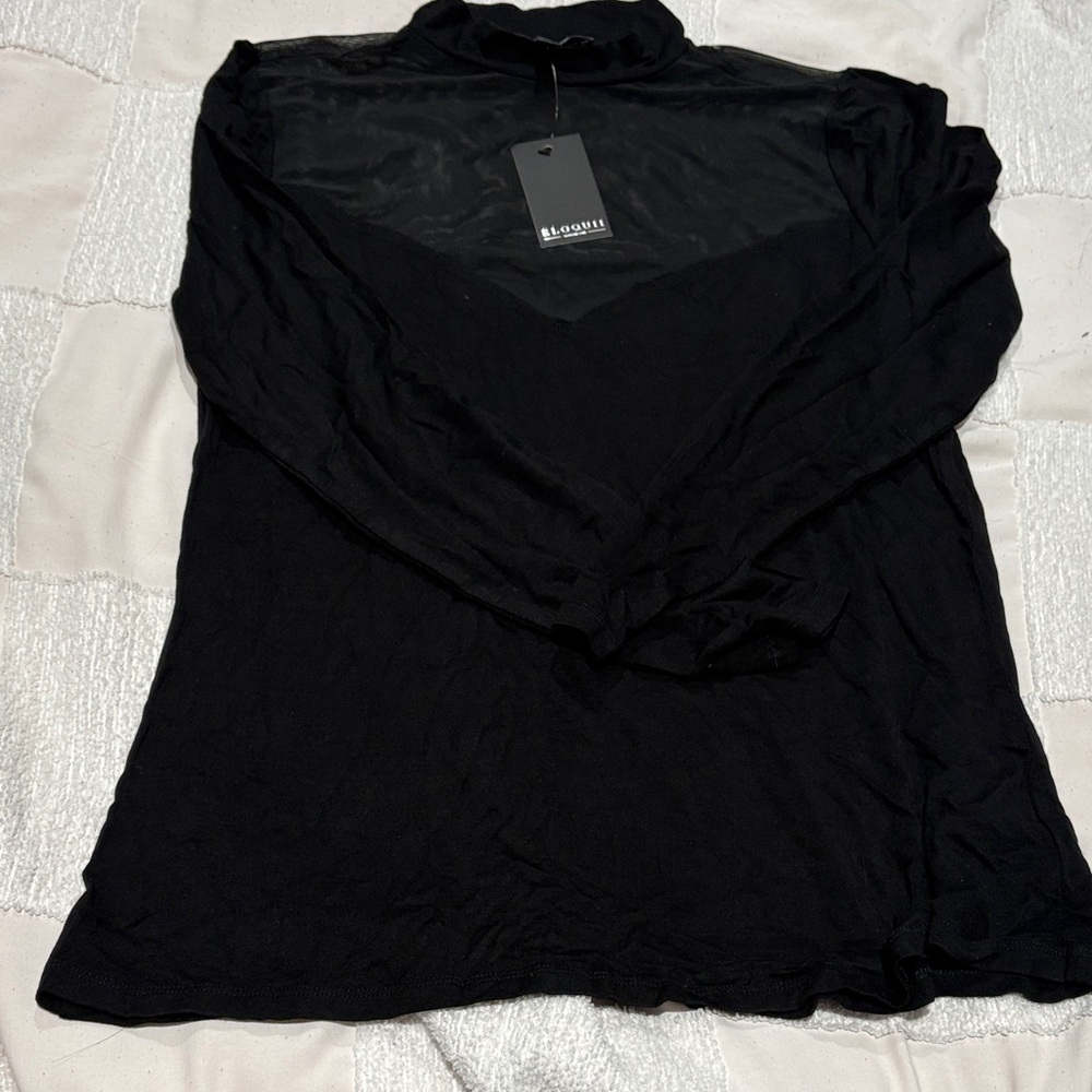 Eloquii Black Sheer Yoke Long Sleeve Blouse